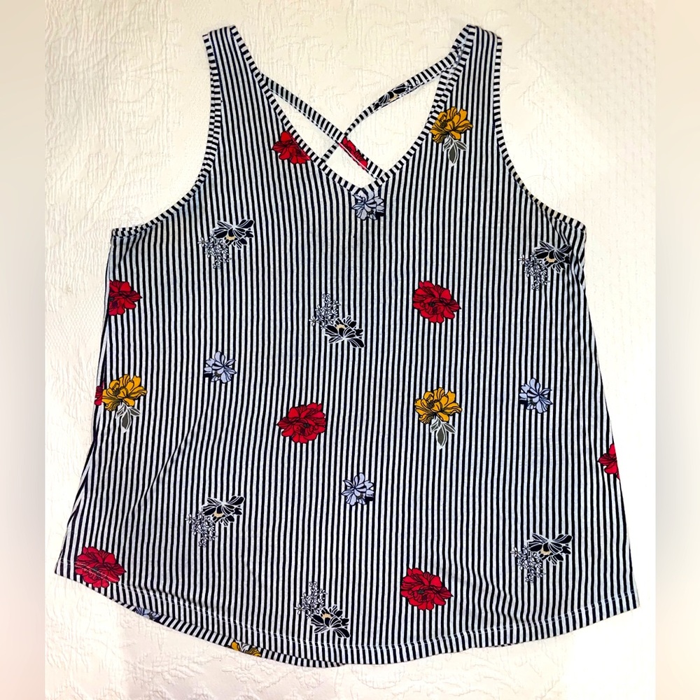 Loft Outlet Floral Stripe Strappy Back Tank 100% Cotton Large